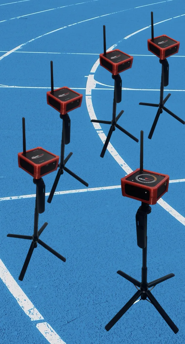SplitFast Elite Pack: 4 LiDAR timing gates with wireless hub and tripods for acceleration and speed analysis